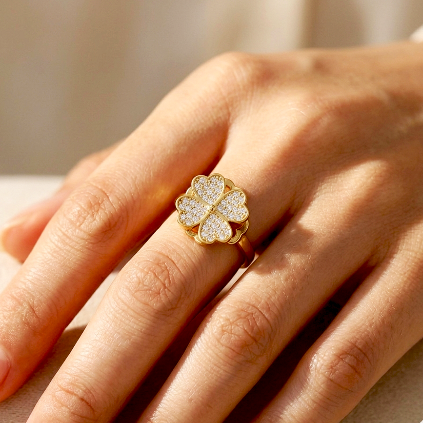 Stainless Steel Based Golden Anti-Tarnish American Diamond Clover Ring for Women | Adjustable Ring 2