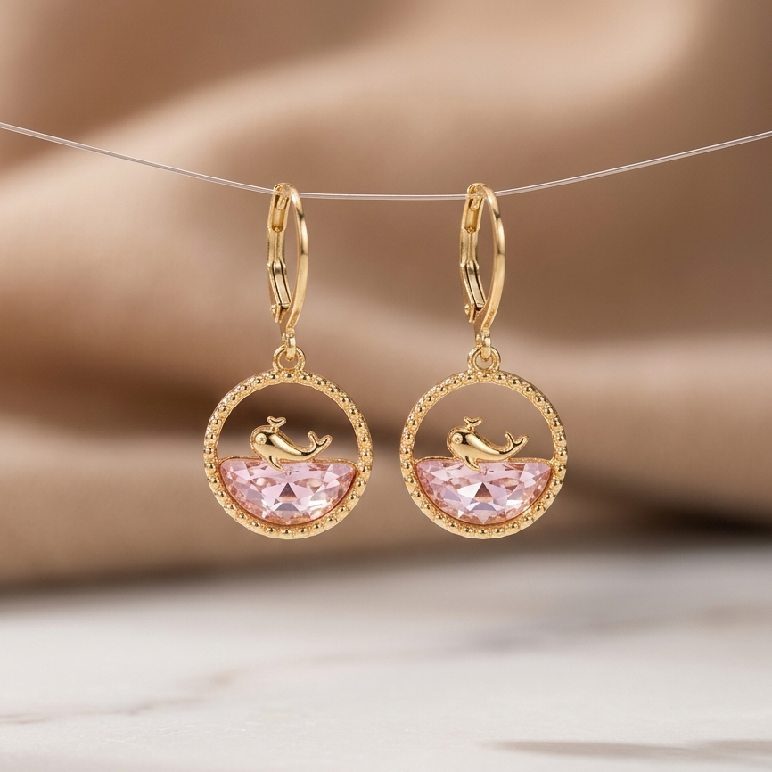Coastal Whale Ocean Drop Earrings | Blush Pink Crystal Huggie Earrings for Women