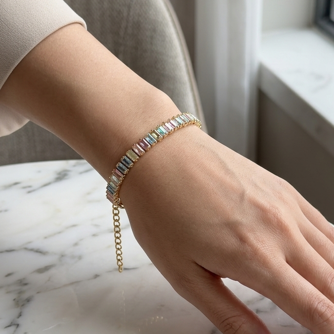 Anti-Tarnish Pastel Rainbow Tennis Bracelet | Gold Baguette Crystal Eternity Chain