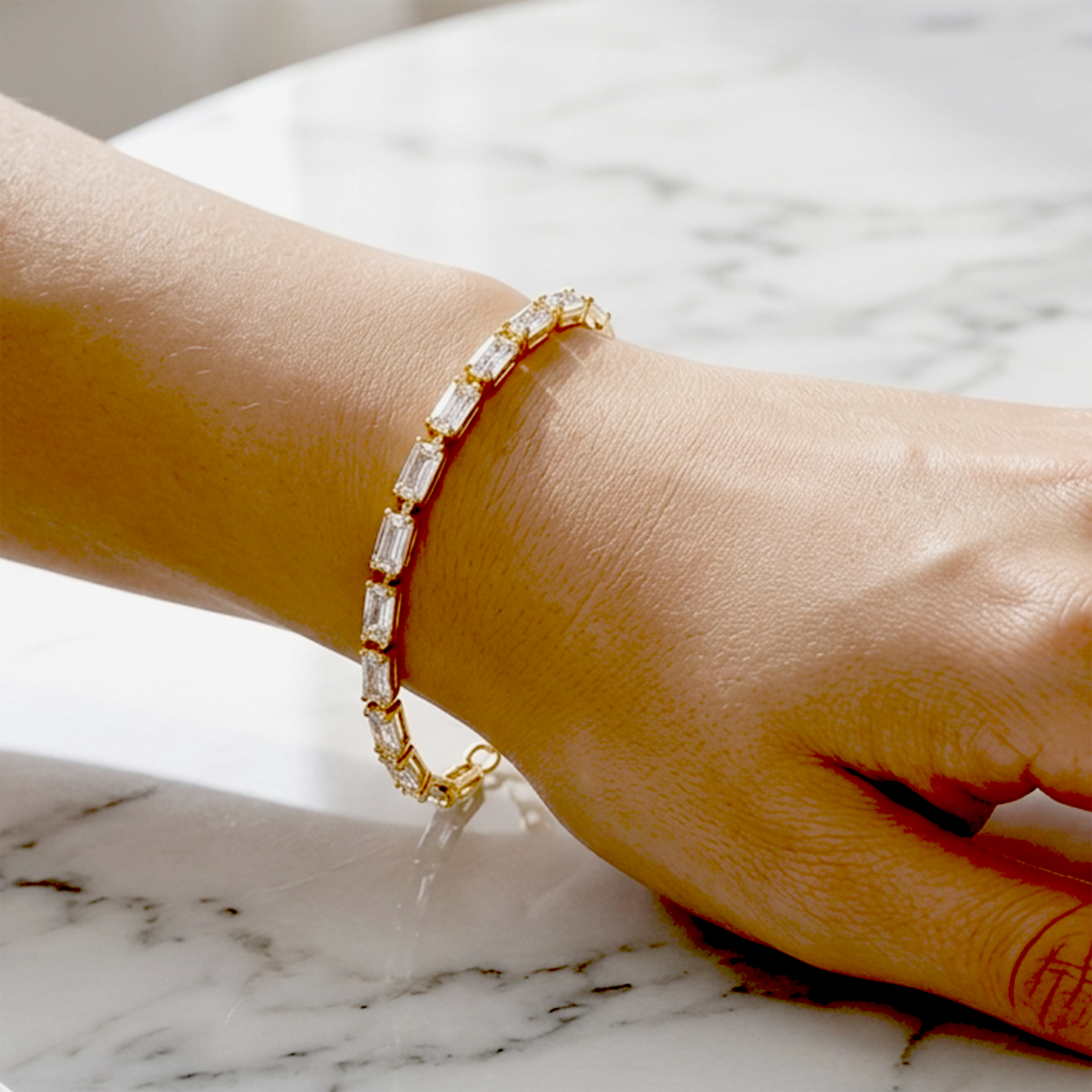 Anti-Tarnish Classic White Tennis Bracelet | Gold Baguette Crystal Eternity Chain