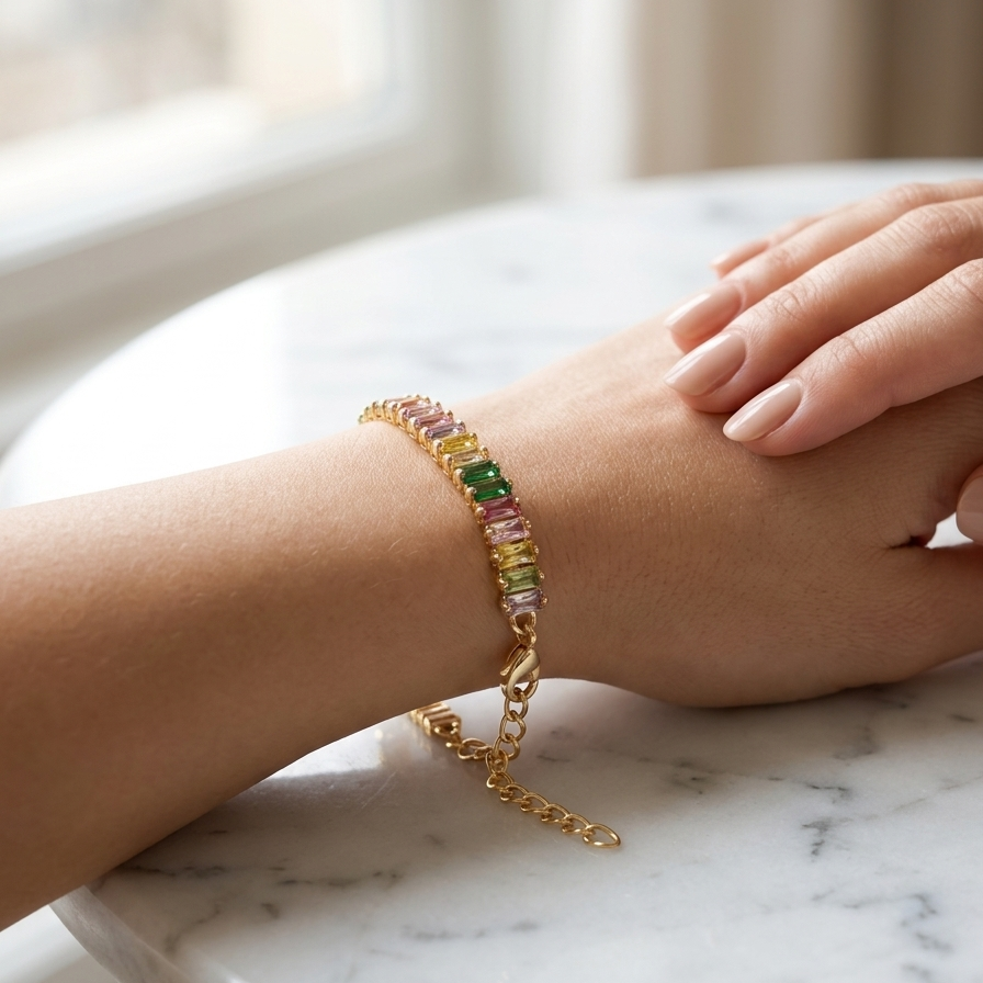 Anti-Tarnish Multi-Color Tennis Bracelet | Gold Baguette Crystal Eternity Chain