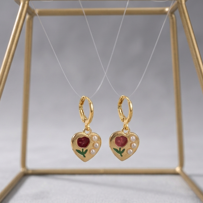 Vintage Floral Rose Heart Huggie Drop Earrings | Painted Heart & Pearl Accent Earrings for Women