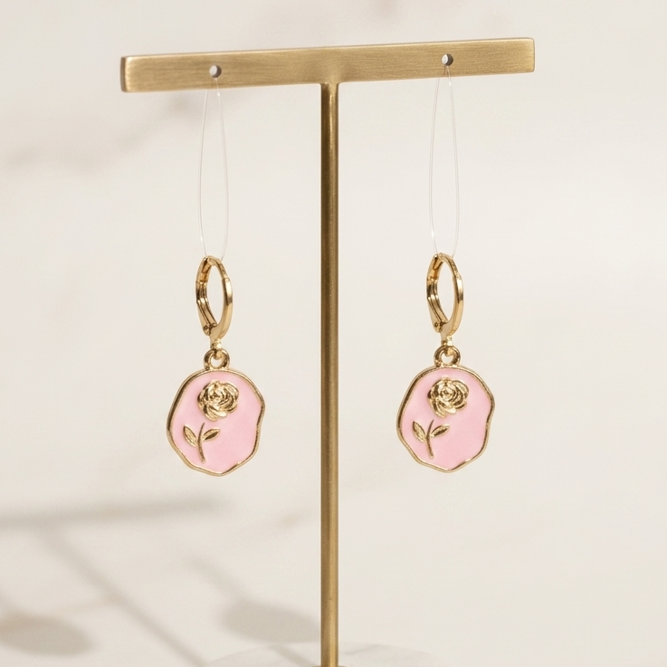 Dainty Pink Enamel Rose Coin Huggie Drop Earrings | Gold Floral Botanical Earrings for Women