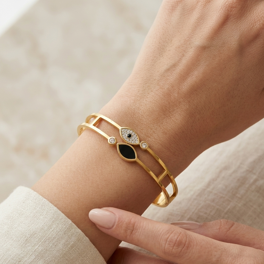 Contrast Evil Eye Split Band Bangle | Minimalist Secure Clasp Spiritual Stacking Bracelet