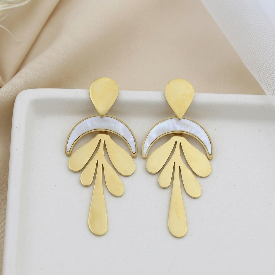 Bohemian Gold Leaf Crescent Drop Earrings | Mother of Pearl Geometric Statement Earrings for Women