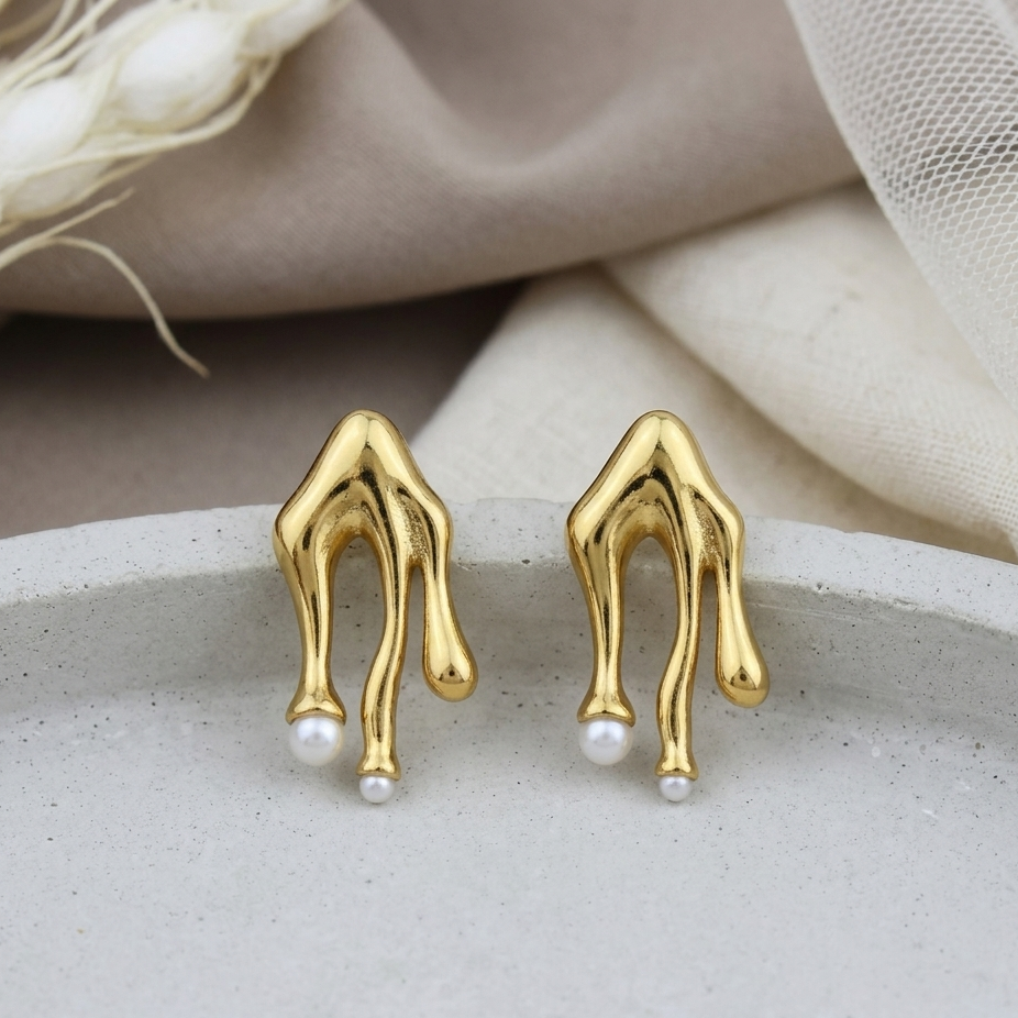 Abstract Liquid Gold Drip Pearl Earrings | Minimalist Molten Lava Statement Stud Earrings for Women