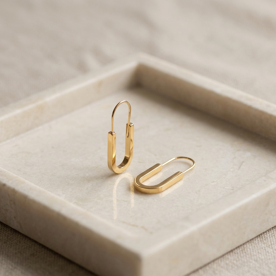 Minimalist Gold U Shaped Safety Pin Earrings | Dainty Sleek Oval Hoop Threader Earrings for Women