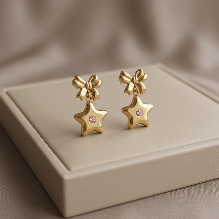 Sweet Gold Ribbon Bow Star Drop Earrings | Pink Crystal Accent Celestial Dangle Earrings for Women