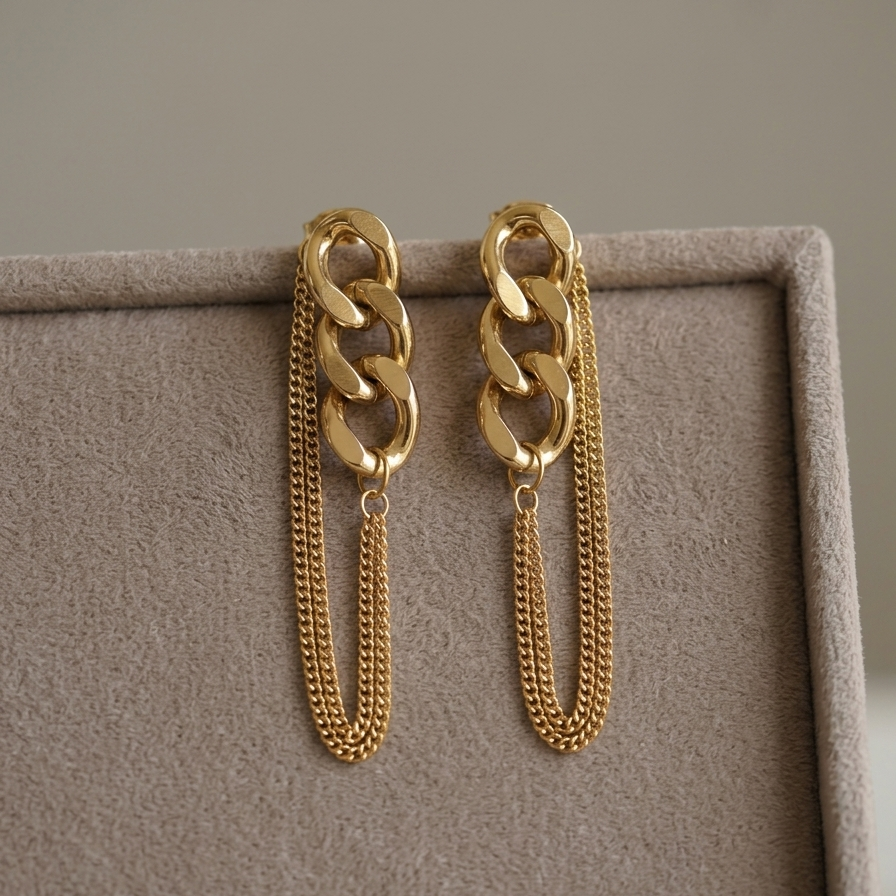 Chunky Gold Curb Link Layered Chain Earrings | Bold Geometric Multi Strand Dangle Statement Earrings for Women