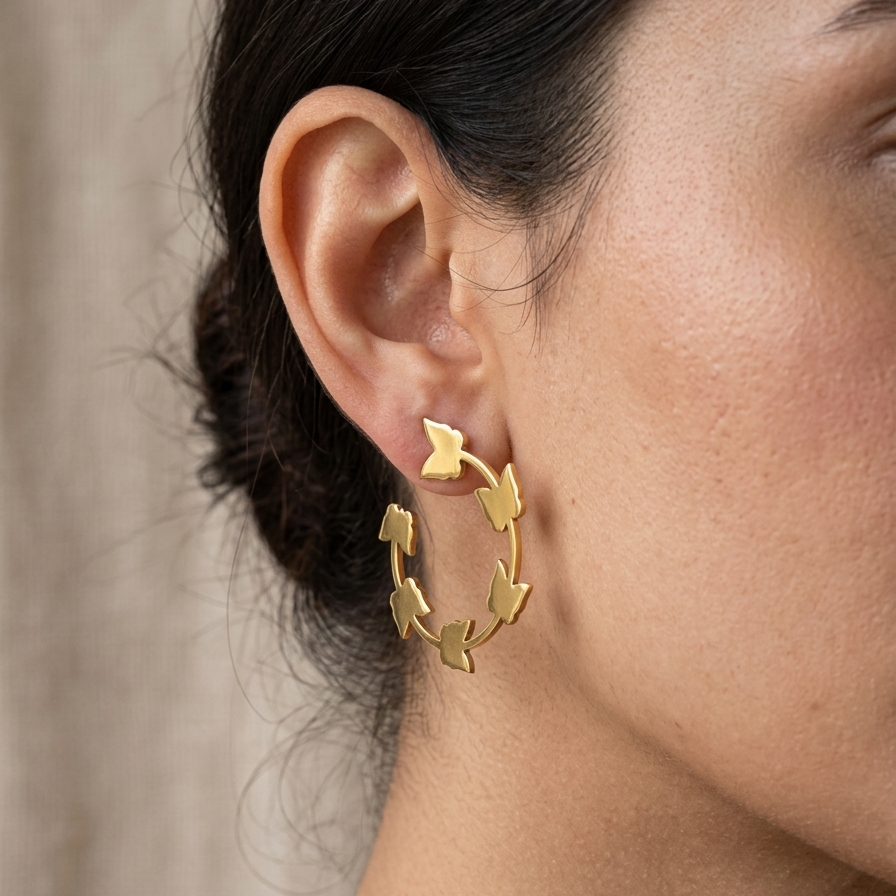 Textured Gold Ivy Leaf Hoop Earrings | Bold Open C Shaped Botanical Vine Statement Earrings for Women