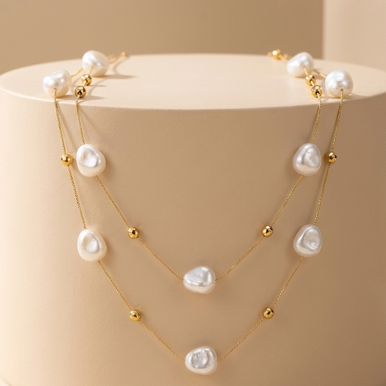 Layered Gold Baroque Pearl Station Necklace | Double Strand Organic Cultured Pearl Floating Statement Choker for Women