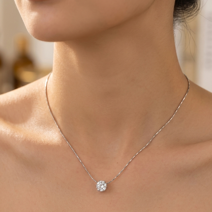 Classic Silver Round Solitaire Pendant Necklace | Sparkling Textured Chain Six Prong Crystal Statement Choker for Women