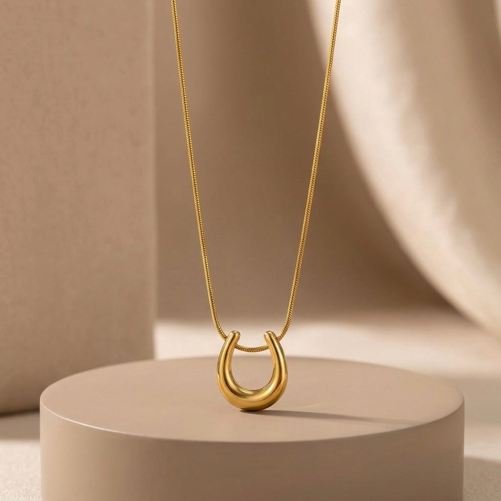 Bold Gold Tubular U-Shape Pendant Necklace | Sculptural Horseshoe Statement Snake Chain Choker for Women