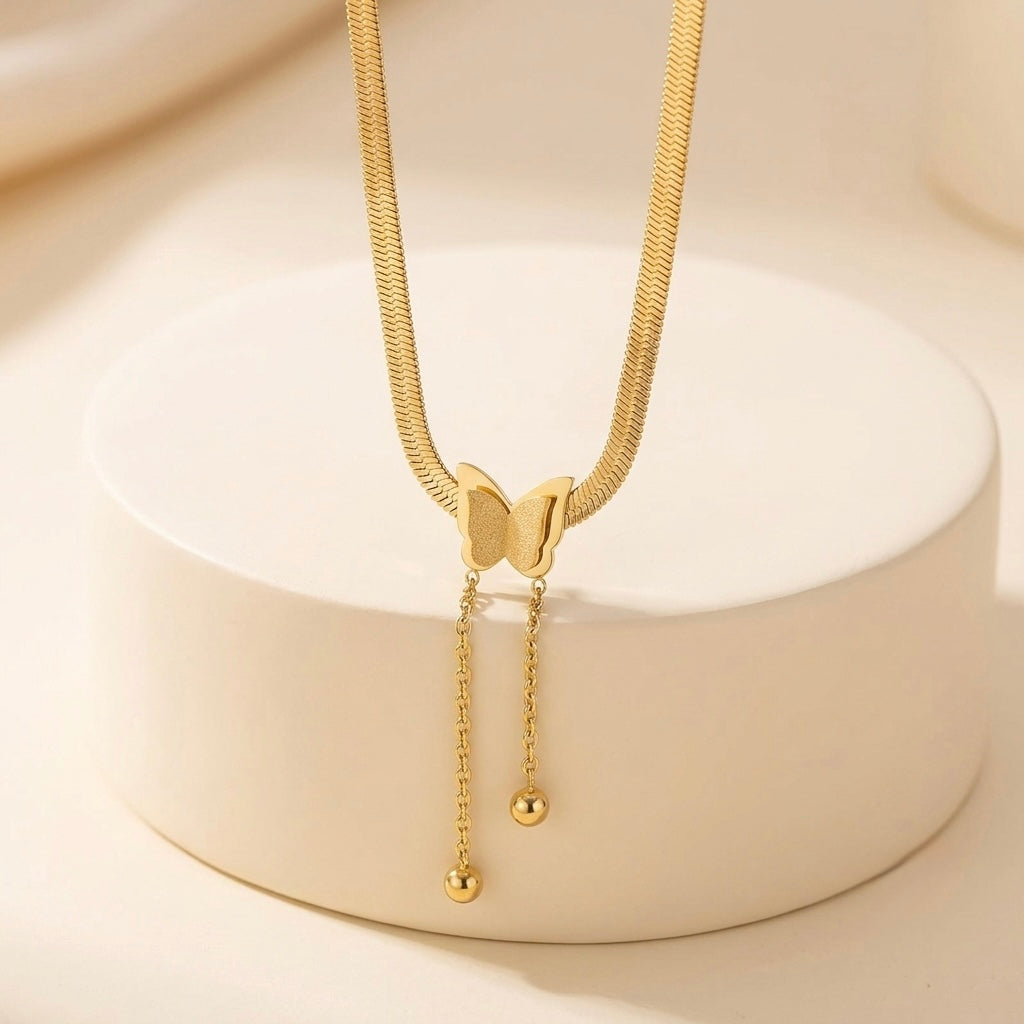Gold Butterfly Herringbone Drop Necklace | Structural Flat Snake Chain Lariat Tassel Statement Choker for Women