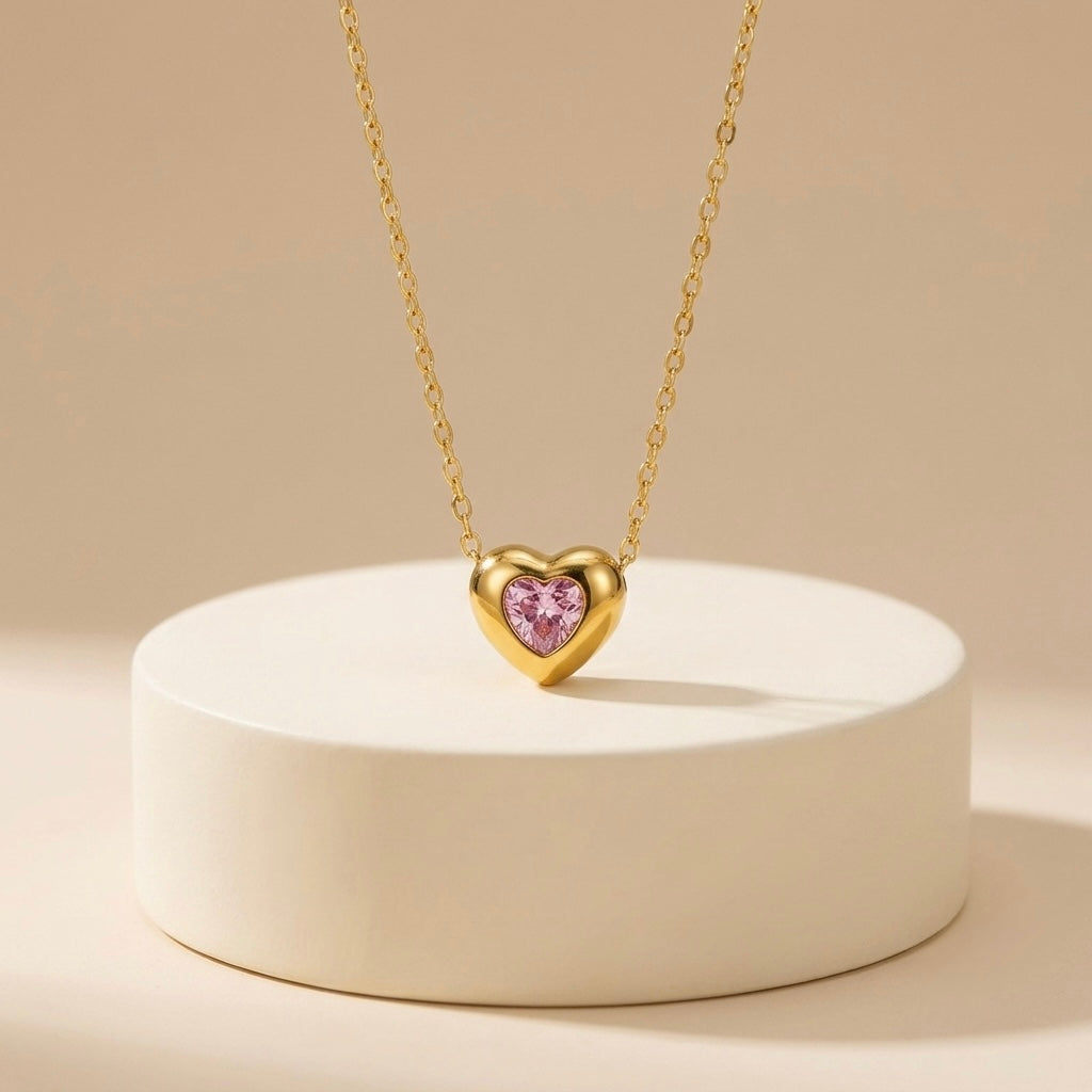 Chunky Gold Pink Crystal Heart Pendant Necklace | Dimensional Puffed Heart Bezel-Set Statement Cable Chain Choker for Wom