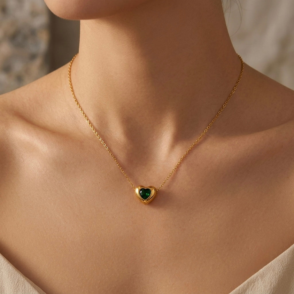 Chunky Gold Green Crystal Heart Pendant Necklace | Dimensional Puffed Heart Bezel-Set Statement Cable Chain Choker for Women