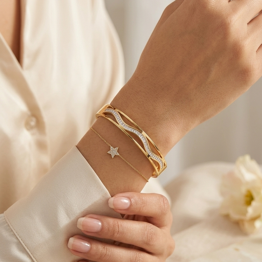Gold Wave Crystal Cutout Bangle | Fluid Openwork Curved Gemstone Hinged Cuff Bracelet for Women
