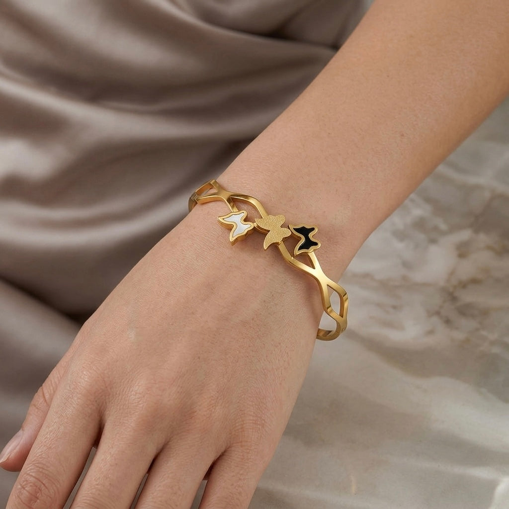 Gold Trio Butterfly Openwork Bangle | Enamel Mother of Pearl Cutout Hinged Cuff Bracelet for Women