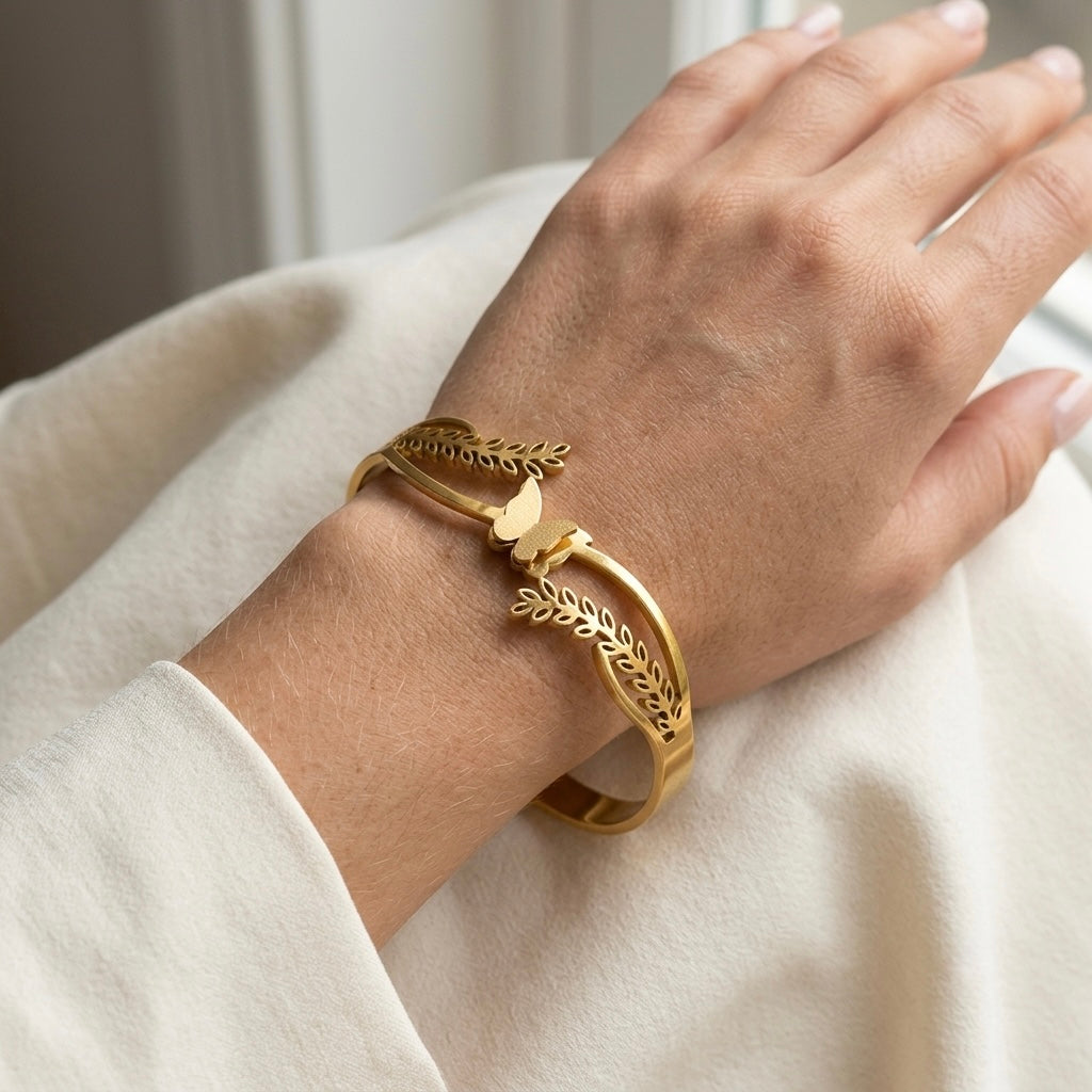 Gold Laurel Leaf Butterfly Bangle | Botanical Vine Openwork Hinged Cuff Bracelet for Women