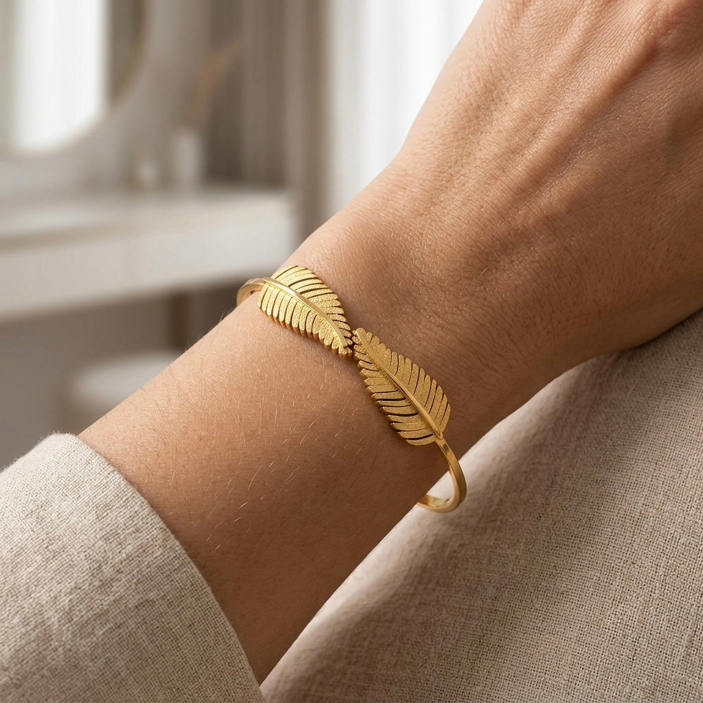 Gold Double Feather Bangle | Textured Leaf Motif Hinged Cuff Bracelet for Women