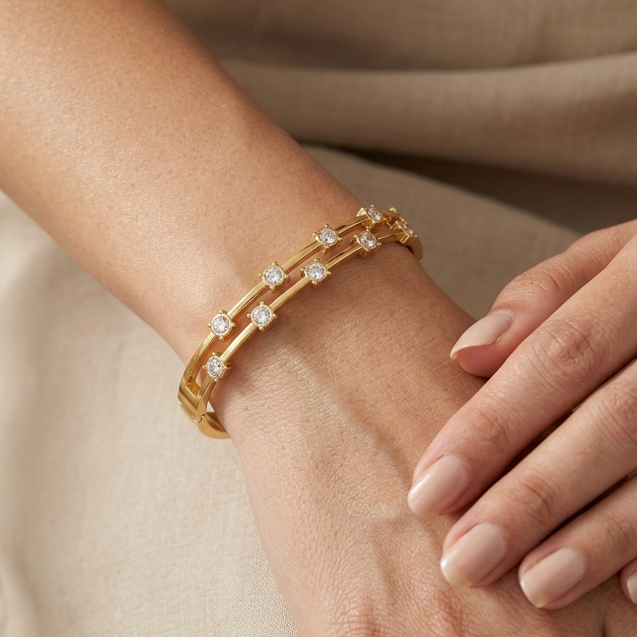 Gold Double Row Crystal Station Bangle | Staggered Bezel Gemstone Hinged Cuff Bracelet for Women