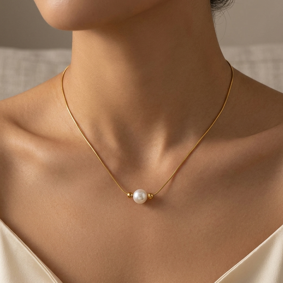 Minimalist Gold Pearl Pendant Necklace | Dainty Floating Freshwater Pearl Choker for Women