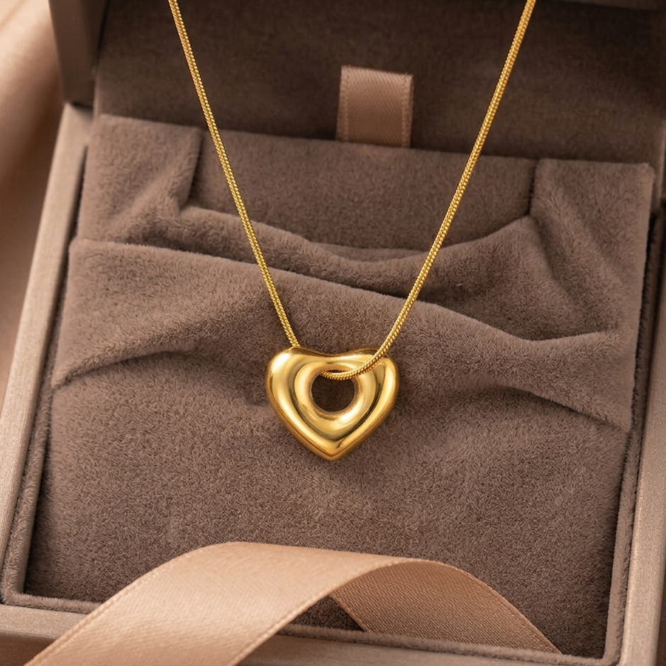 Minimalist Gold Open Heart Pendant Necklace | Dainty Floating Puffy Heart Choker for Women