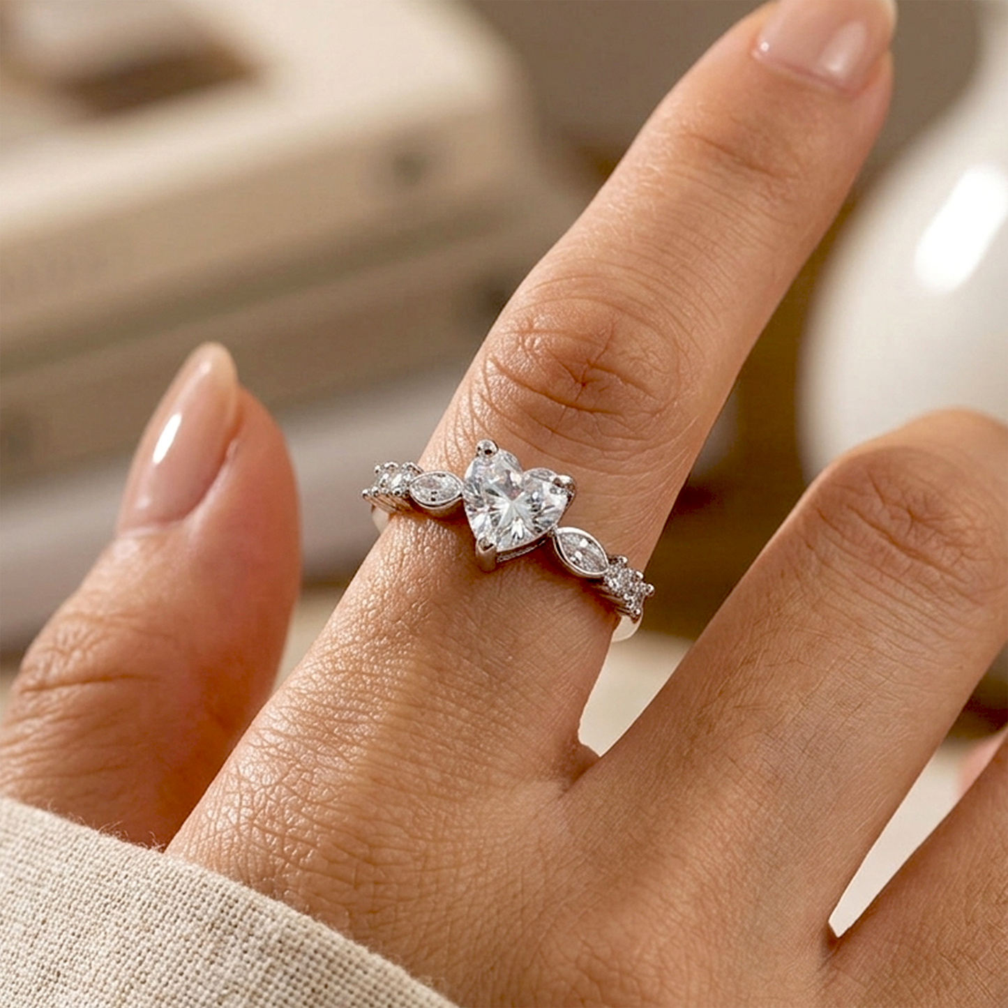 Celestial Romance: Anti-Tarnish Heart & Marquise Vine Ring