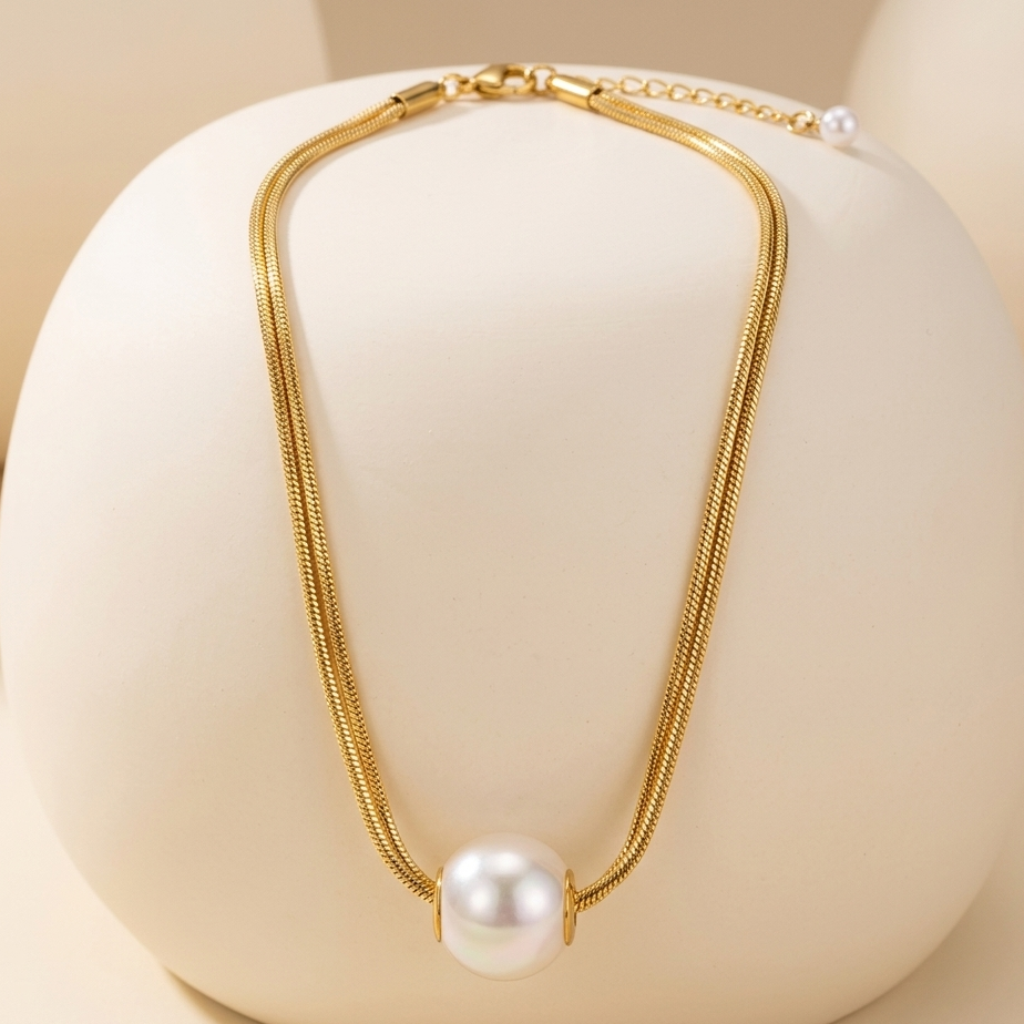 Minimalist Pearl Herringbone Snake Chain Necklace | Statement Pearl Choker for Women