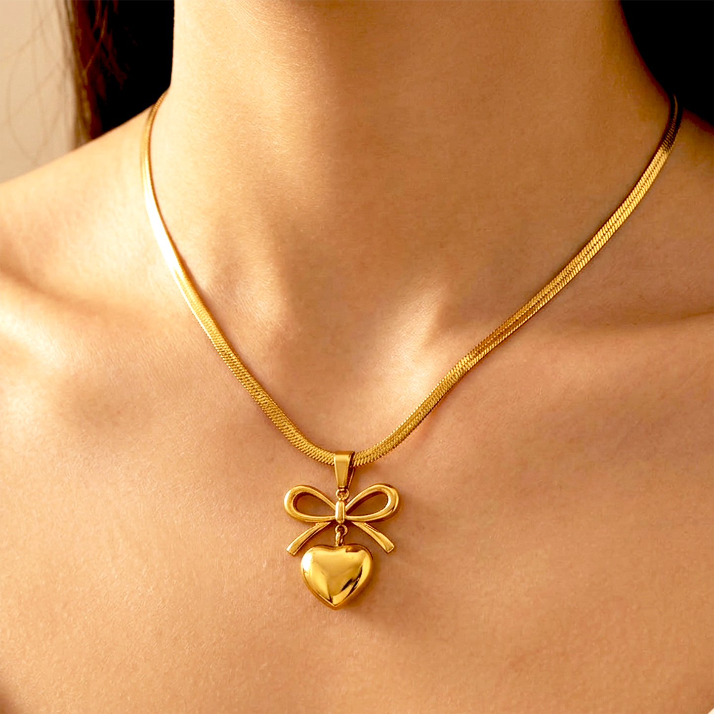 Golden Bow Puffy Heart Snake Chain Necklace | Anti-Tarnish Stainless Steel