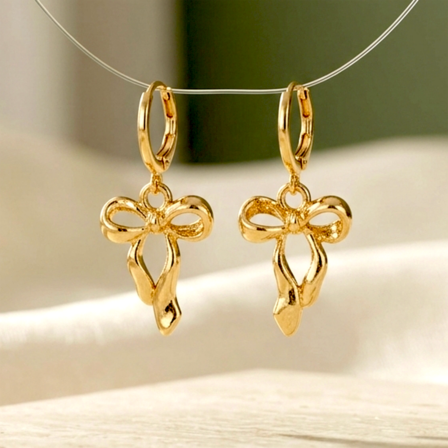 Luxe Anti-Tarnish Huggie Collection – Golden Plated Ribbon Bow & Pavé Sunburst Drop Earrings