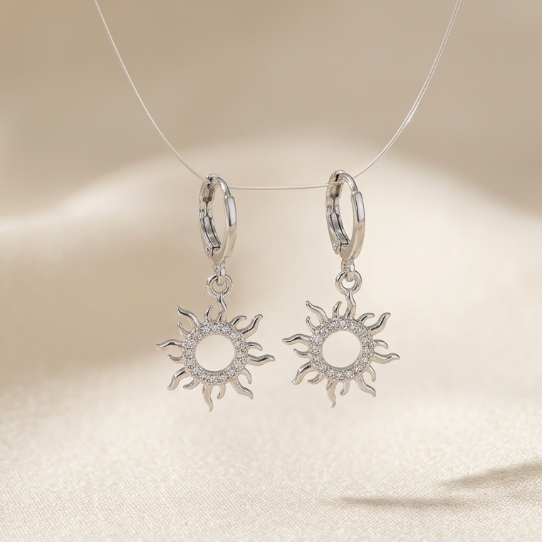 Celestial Silver Sunburst Huggie Drop Earrings | Lightweight Secure Huggie Cosmic Jewelry Gift
