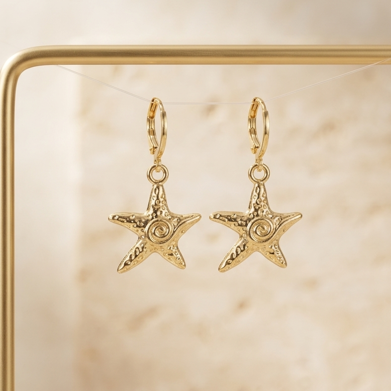 Coastal Spiral Starfish Huggie Drop Earrings | Lightweight Secure Huggie Everyday Summer Jewelry