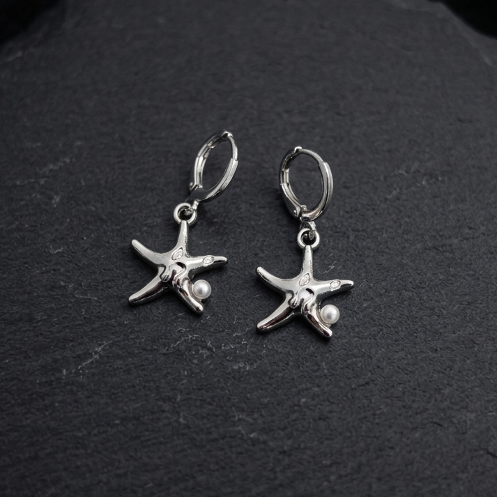 Coastal Silver Starfish Pearl Huggie Drop Earrings | Shimmering Nautical Pearl Dangle Earrings for Women