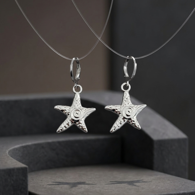 Coastal Silver Spiral Starfish Huggie Drop Earrings | Textured Starfish Dangle Earrings for Women