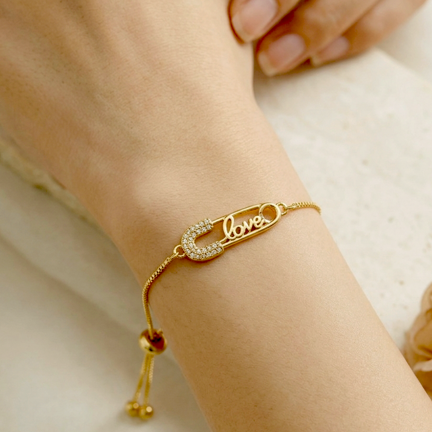 Golden Anti-Tarnish Stainless Steel Based Stone Studded Safety Pin Love Bracelet 20