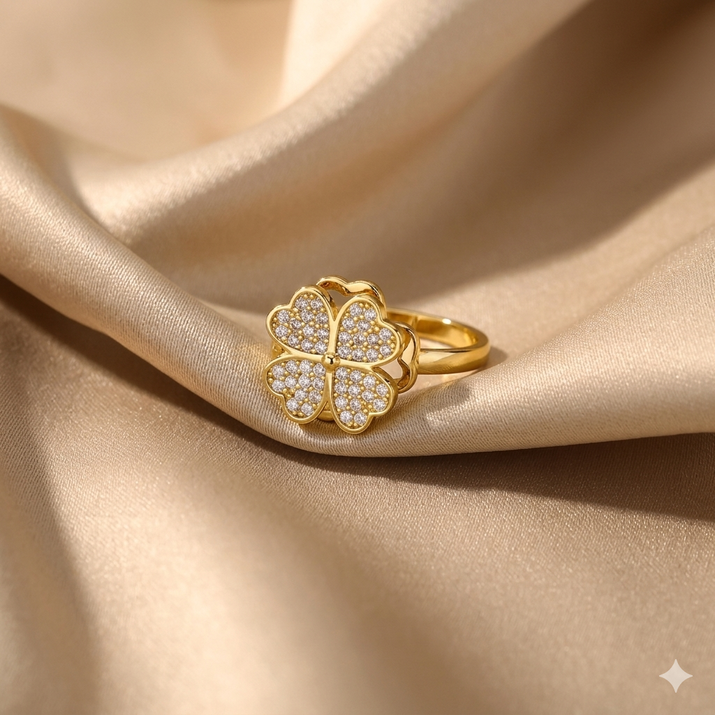 Stainless Steel Based Golden Anti-Tarnish American Diamond Clover Ring for Women | Adjustable Ring 2