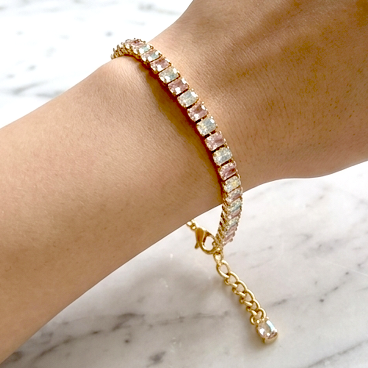 Anti-Tarnish Pastel Rainbow Tennis Bracelet | Gold Cubic Zirconia Eternity Chain