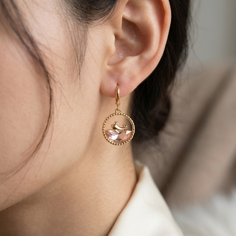 Coastal Whale Ocean Drop Earrings | Blush Pink Crystal Huggie Earrings for Women