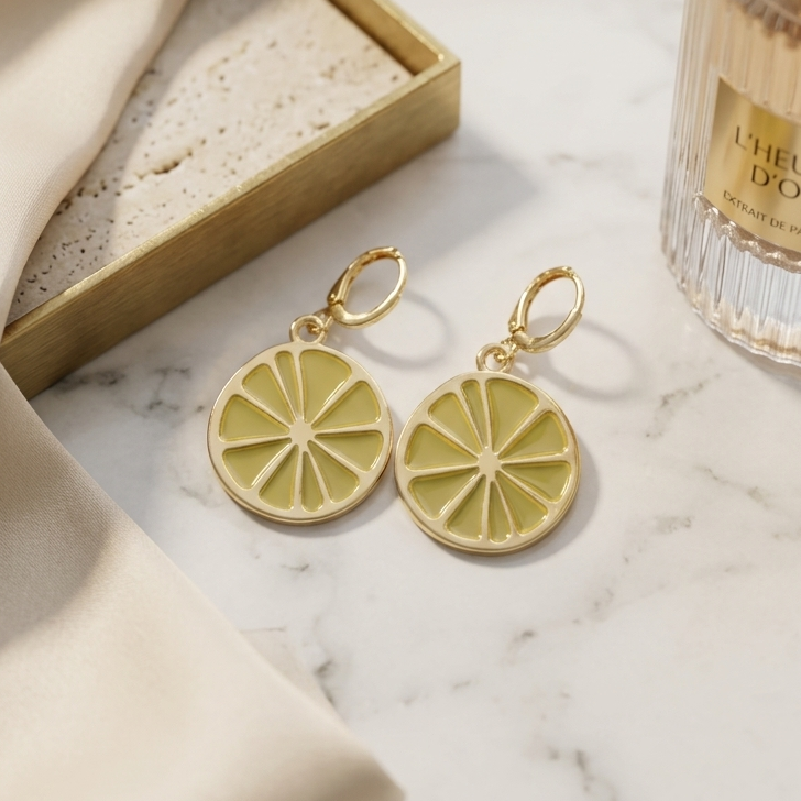 Mediterranean Lemon Slice Huggie Drop Earrings | Yellow Citrus Fruit Enamel Earrings for Women