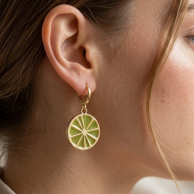 Mediterranean Lemon Slice Huggie Drop Earrings | Yellow Citrus Fruit Enamel Earrings for Women