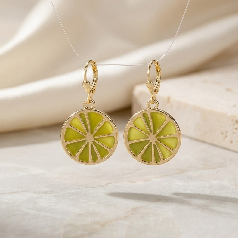 Mediterranean Lemon Slice Huggie Drop Earrings | Yellow Citrus Fruit Enamel Earrings for Women