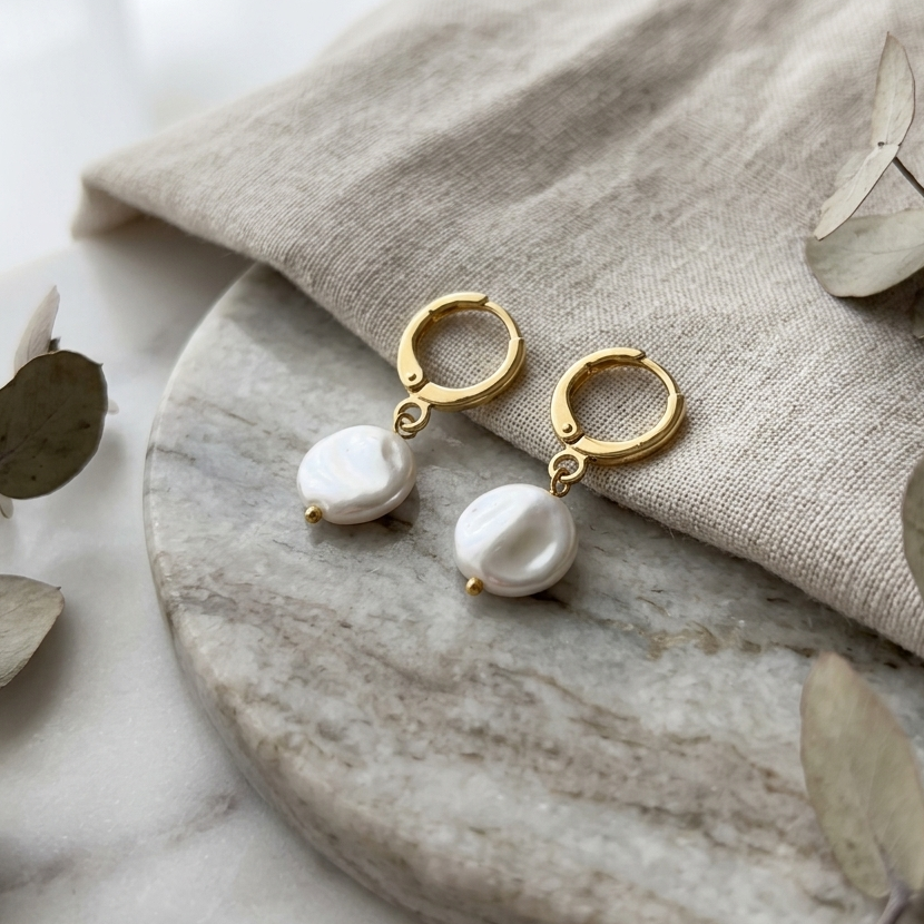 Baroque Coin Pearl Huggie Drop Earrings | Pearl Dangle Earrings for Women (Copy)