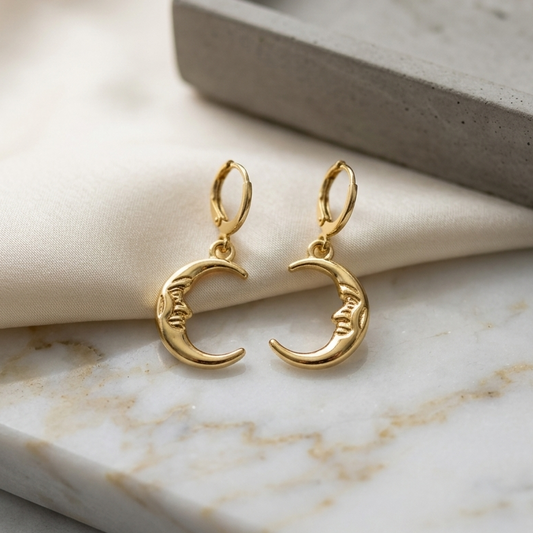 Celestial Crescent Man in the Moon Huggie Drop Earrings | Vintage Moon Face Dangle Earrings for Women