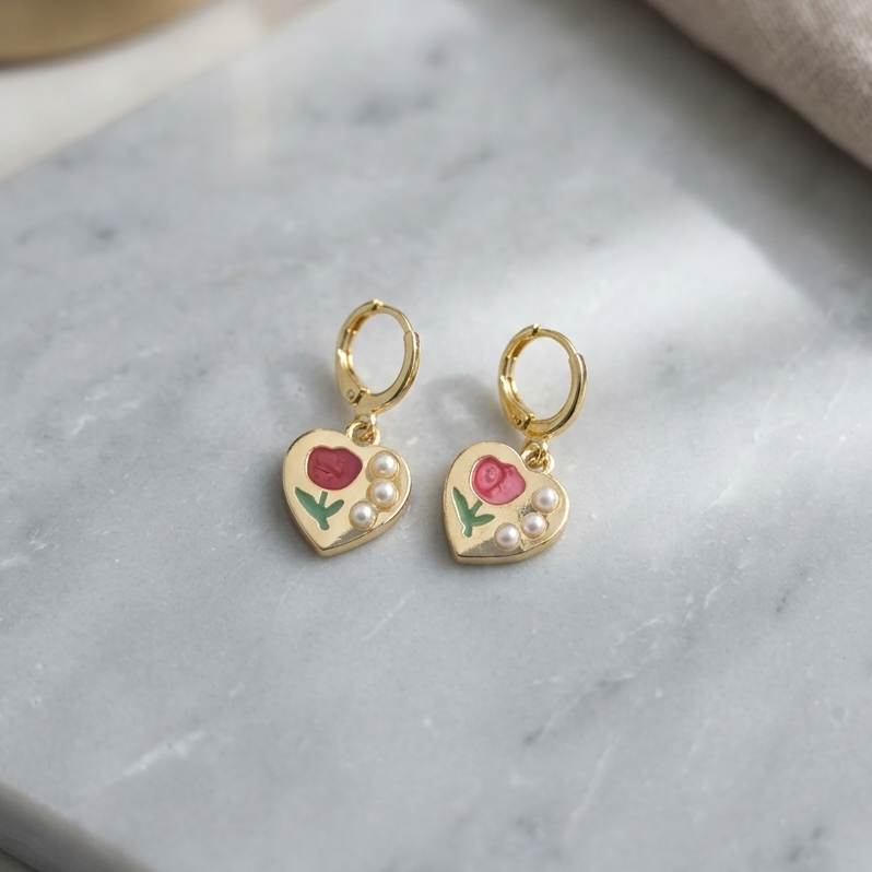 Vintage Floral Rose Heart Huggie Drop Earrings | Painted Heart & Pearl Accent Earrings for Women
