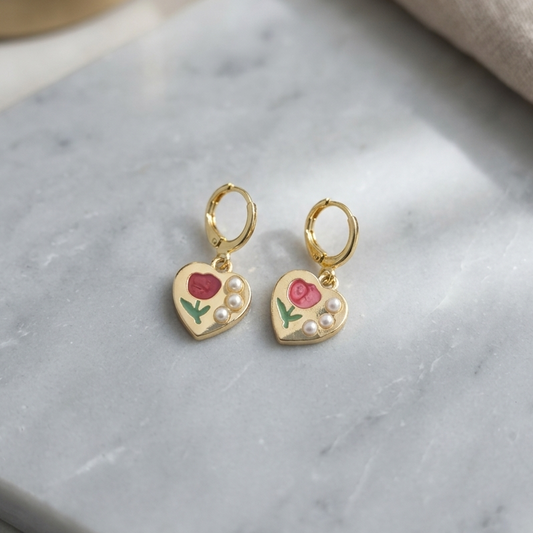 Vintage Floral Rose Heart Huggie Drop Earrings | Painted Heart & Pearl Accent Earrings for Women