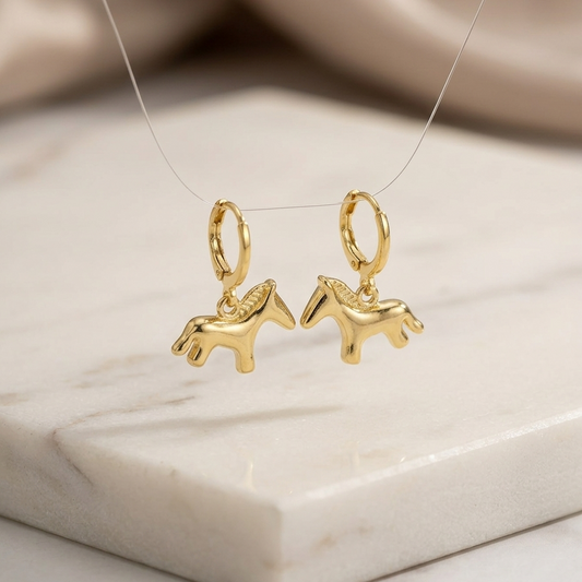 Whimsical Gold Pony Huggie Drop Earrings | 3D Horse Dangle Earrings for Women