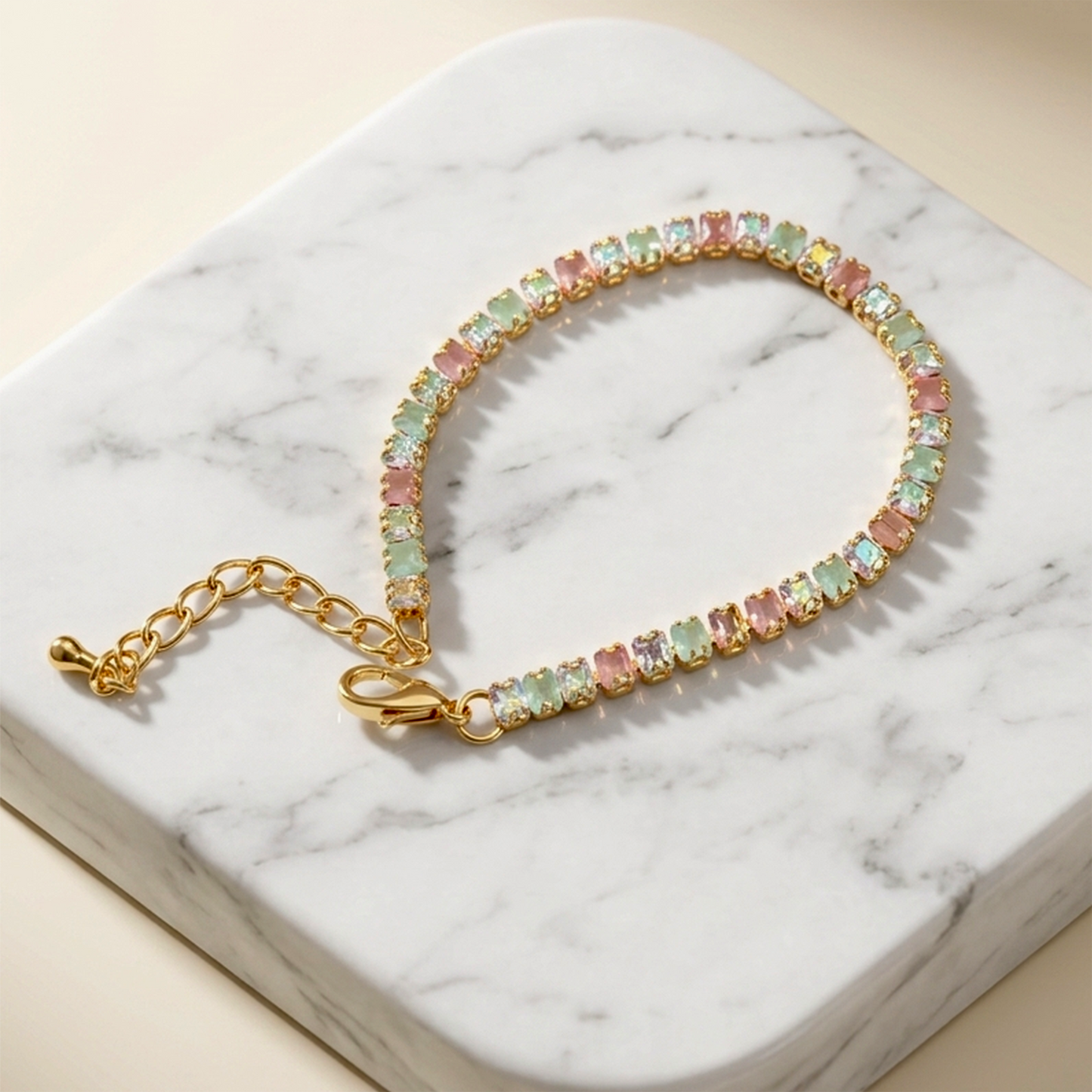 Anti-Tarnish Pastel Rainbow Tennis Bracelet | Gold Cubic Zirconia Eternity Chain