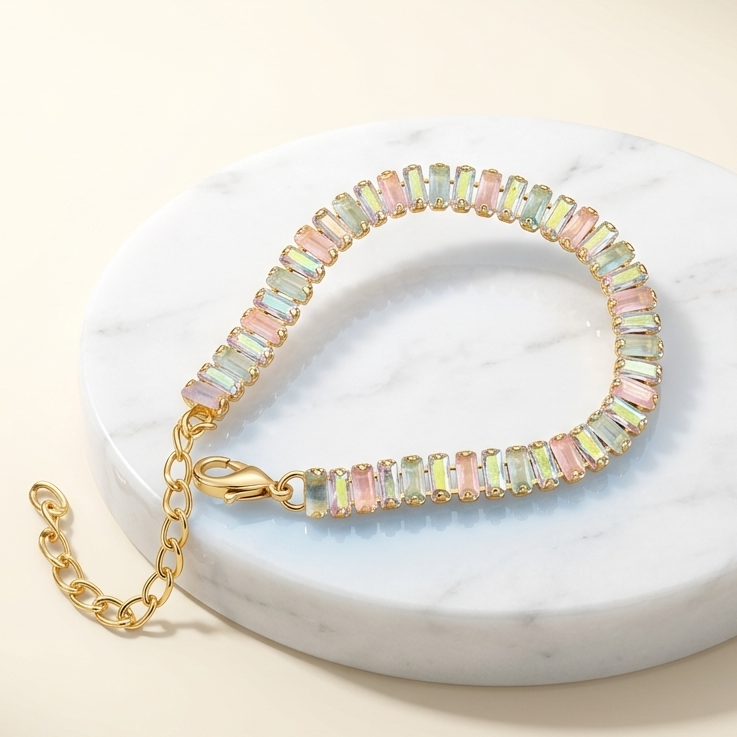 Anti-Tarnish Pastel Rainbow Tennis Bracelet | Gold Baguette Crystal Eternity Chain