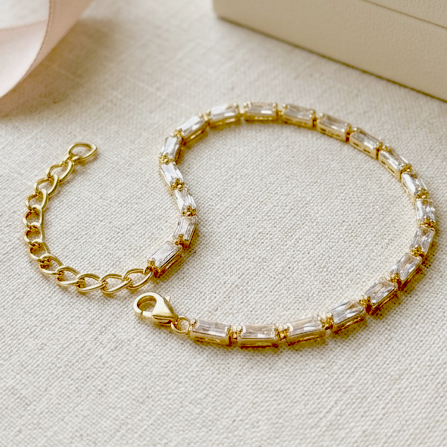 Anti-Tarnish Classic White Tennis Bracelet | Gold Baguette Crystal Eternity Chain